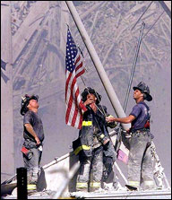 NY City Fire Fighers and US Flag